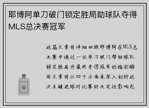 耶博阿单刀破门锁定胜局助球队夺得MLS总决赛冠军