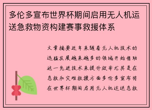 多伦多宣布世界杯期间启用无人机运送急救物资构建赛事救援体系